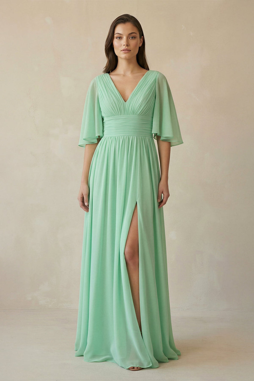 Half Sleeve V-Neck A-Line Chiffon Bridesmaid Gown in Pale Pistachio