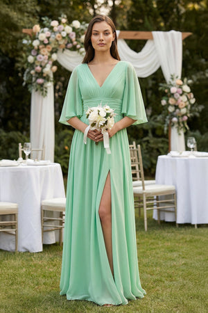 Half Sleeve V - Neck A - Line Chiffon Bridesmaid Gown - KISS BRIDAL Bridesmaid Dresses