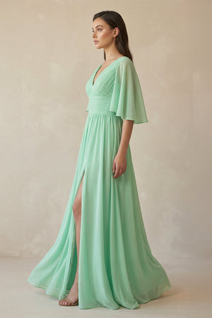 Half Sleeve V - Neck A - Line Chiffon Bridesmaid Gown - KISS BRIDAL Bridesmaid Dresses