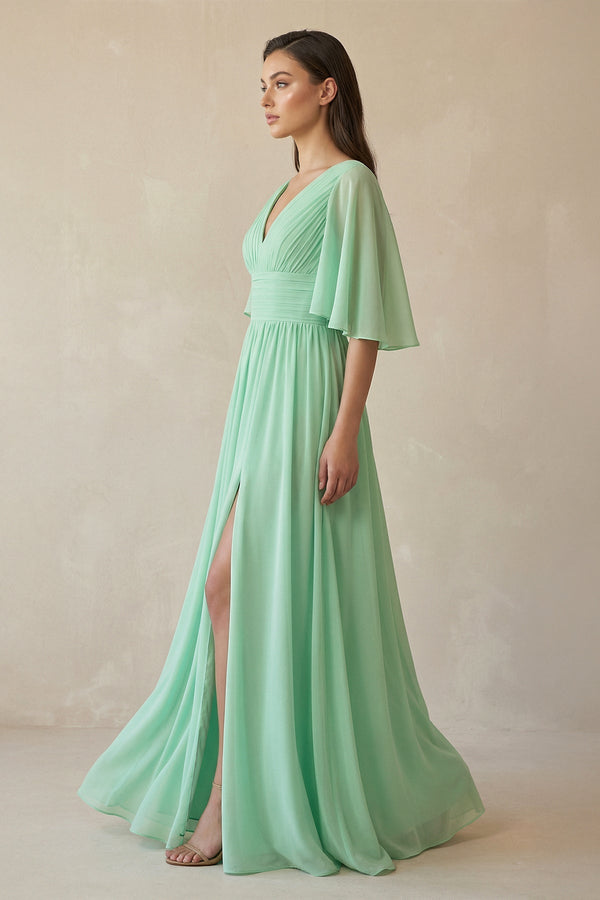 Half Sleeve V - Neck A - Line Chiffon Bridesmaid Gown - KISS BRIDAL Bridesmaid Dresses