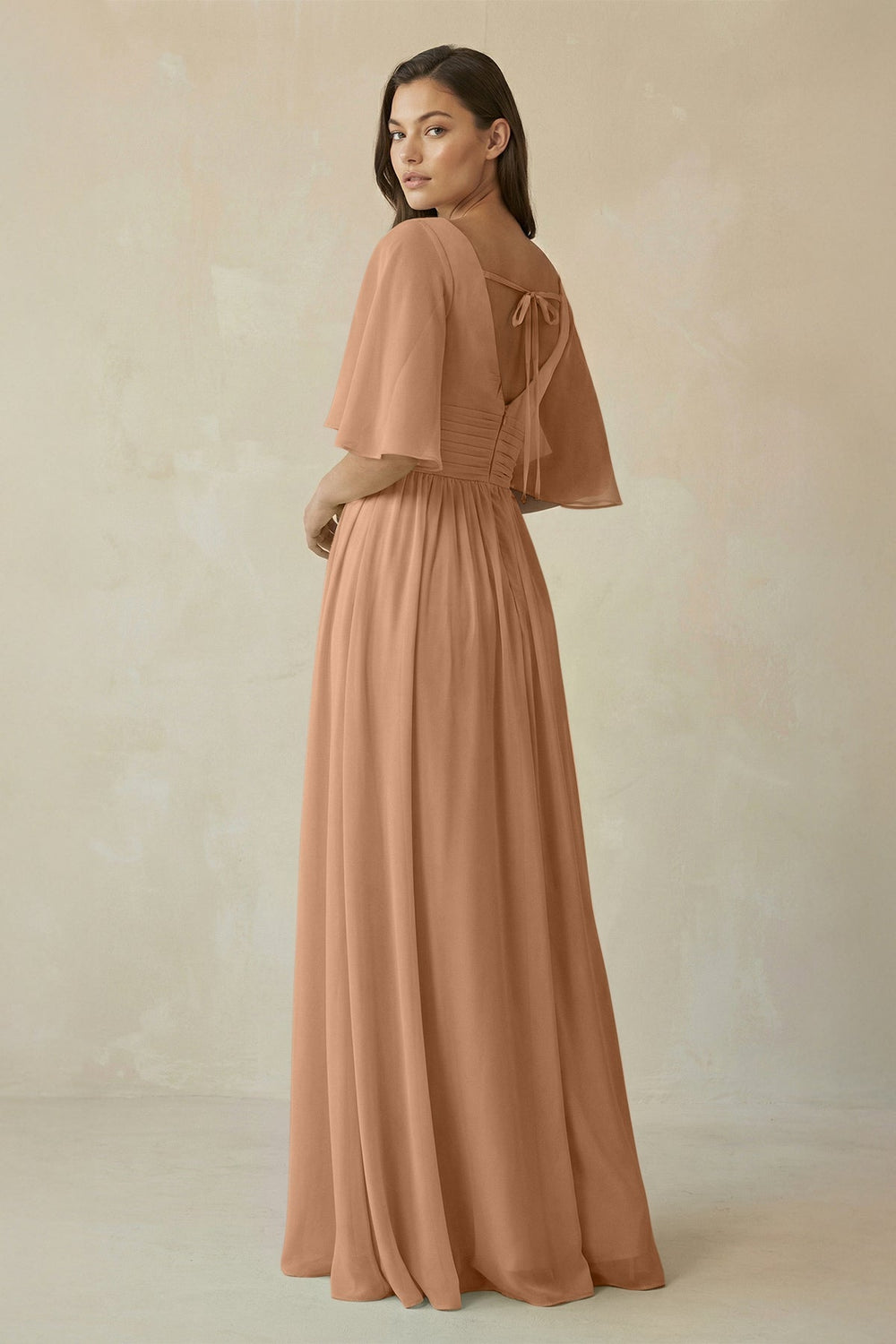 Half Sleeve V-Neck A-Line Chiffon Bridesmaid Gown in Bronzer