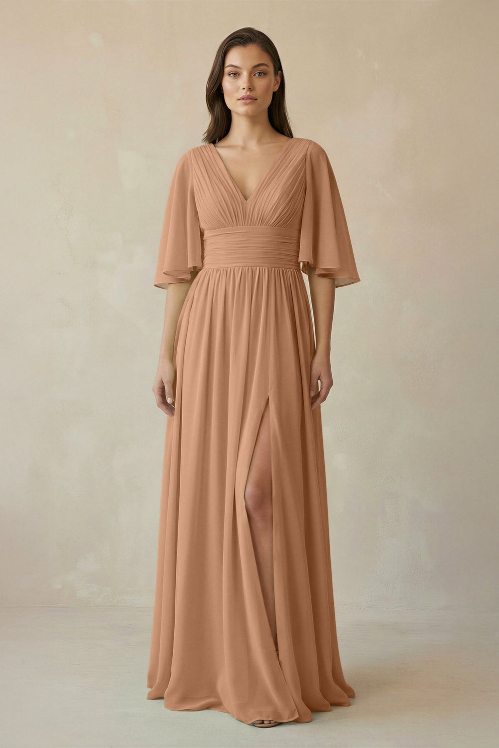 Half Sleeve V-Neck A-Line Chiffon Bridesmaid Gown in Bronzer