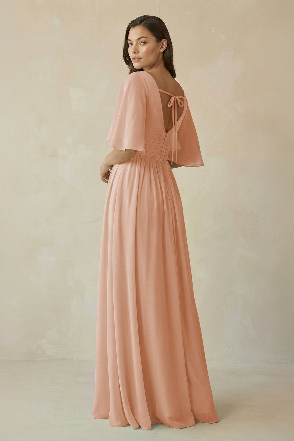 Half Sleeve V-Neck A-Line Chiffon Bridesmaid Gown in Champagne Rose