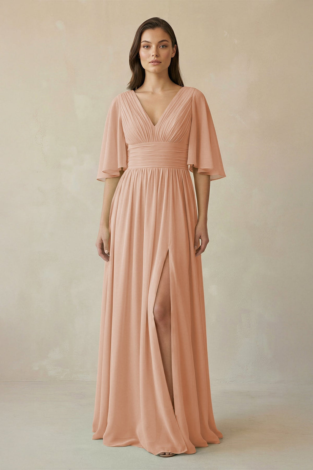 Half Sleeve V-Neck A-Line Chiffon Bridesmaid Gown in Champagne Rose