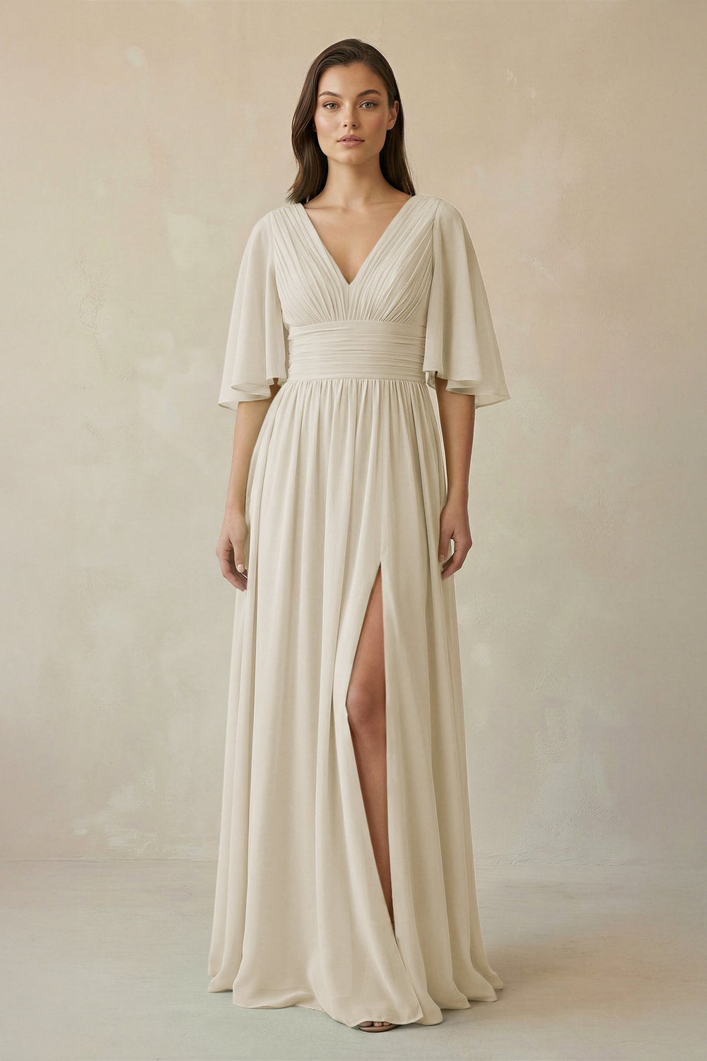 Half Sleeve V-Neck A-Line Chiffon Bridesmaid Gown in Dove Gray