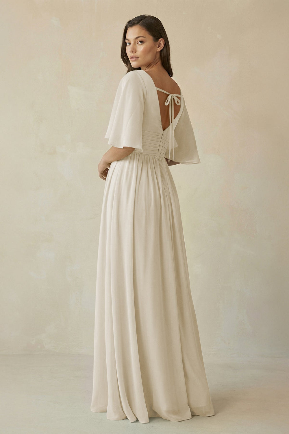 Half Sleeve V-Neck A-Line Chiffon Bridesmaid Gown in Dove Gray
