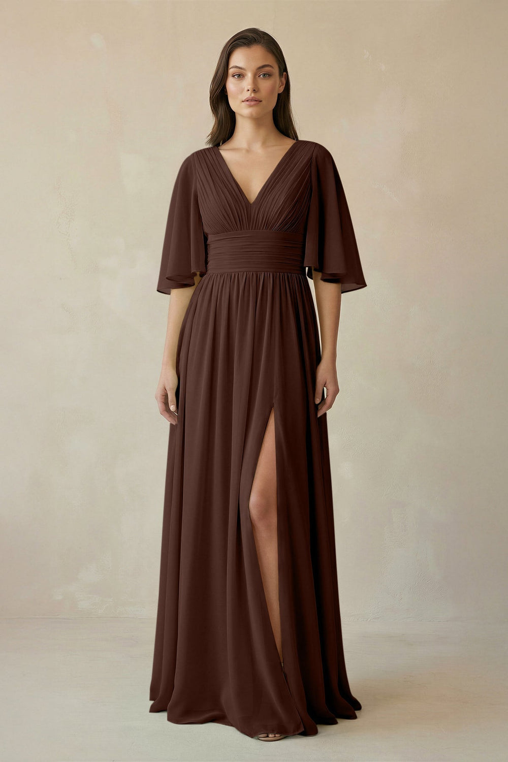 Half Sleeve V-Neck A-Line Chiffon Bridesmaid Gown in Espresso
