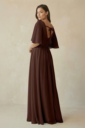 Half Sleeve V - Neck A - Line Chiffon Bridesmaid Gown in Espresso - KISS BRIDAL Bridesmaid Dresses