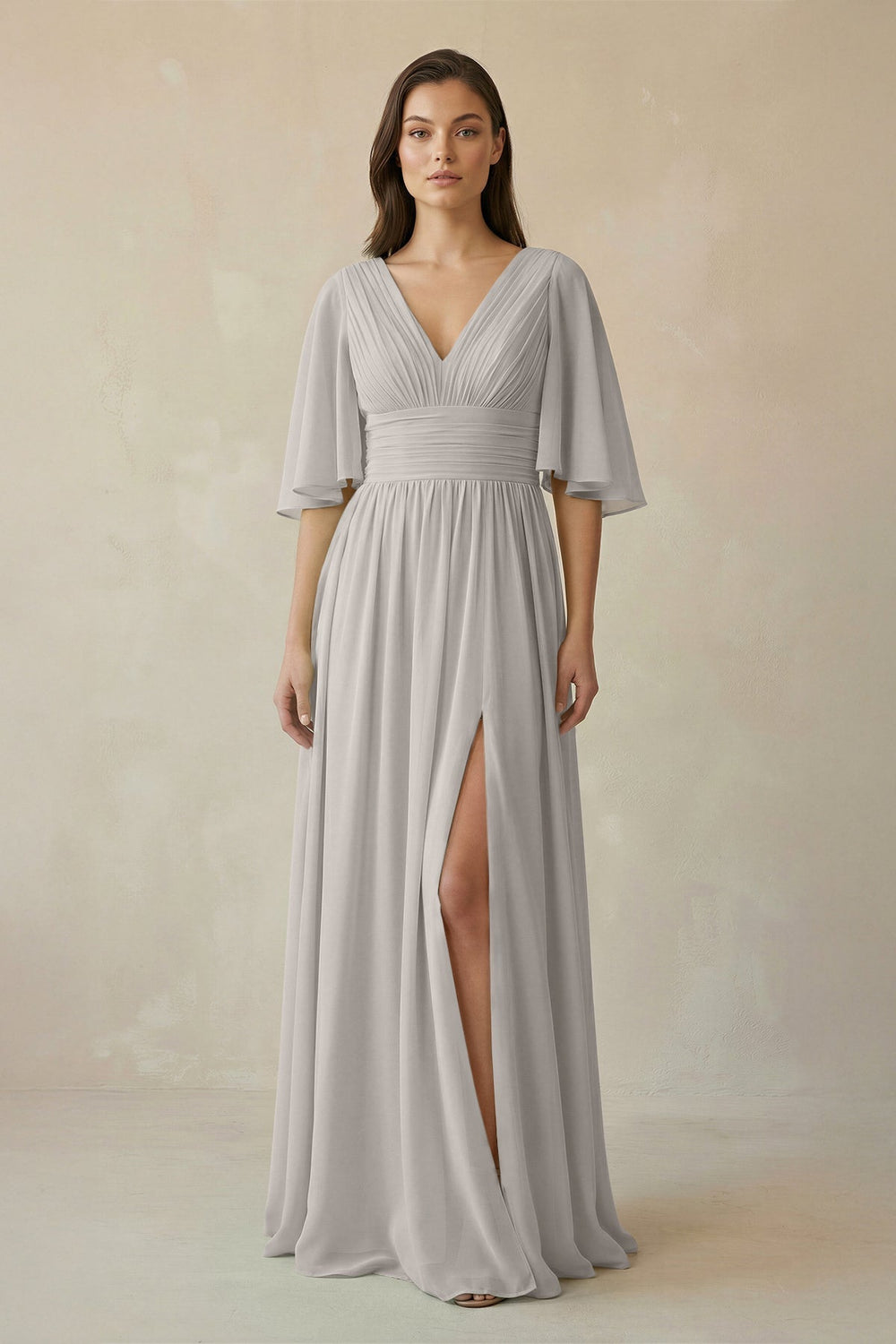 Half Sleeve V-Neck A-Line Chiffon Bridesmaid Gown in Silver