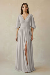 Half Sleeve V - Neck A - Line Chiffon Bridesmaid Gown in Silver - KISS BRIDAL Bridesmaid Dresses