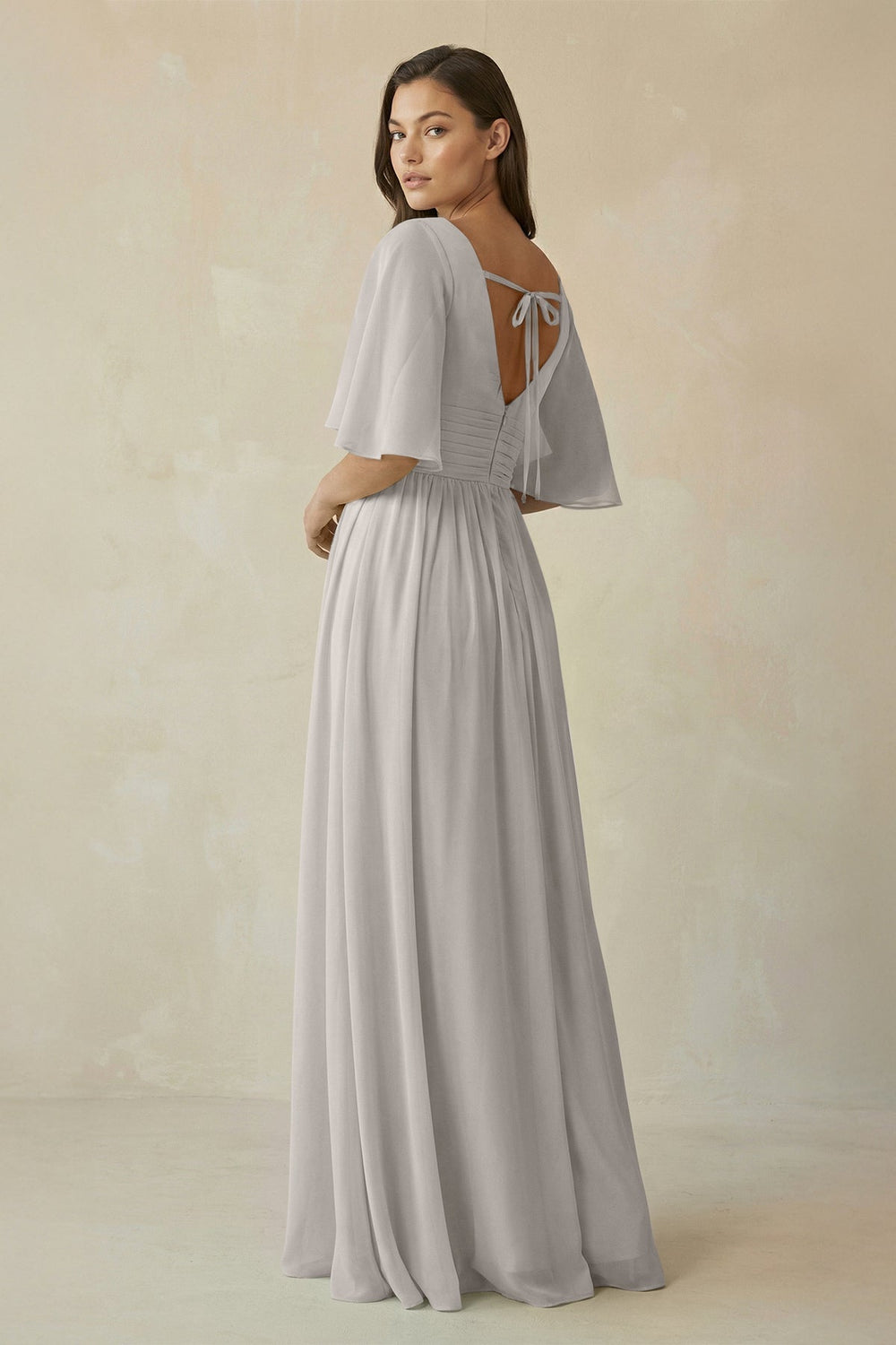 Half Sleeve V-Neck A-Line Chiffon Bridesmaid Gown in Silver