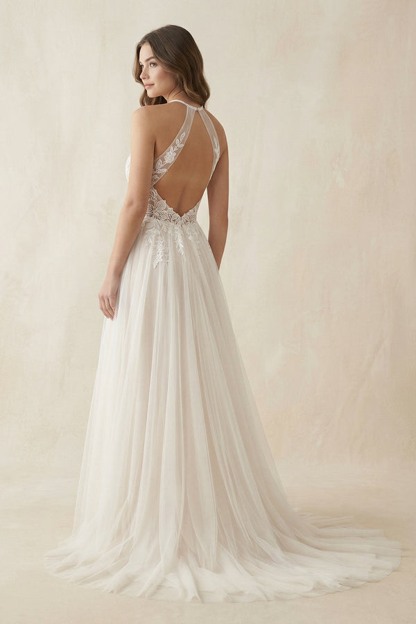 Halter A - Line Appliqued Tulle Wedding Dress in Ivory - KISS BRIDAL Wedding Dresses