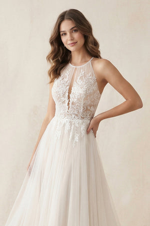Halter A - Line Appliqued Tulle Wedding Dress in Ivory - KISS BRIDAL Wedding Dresses
