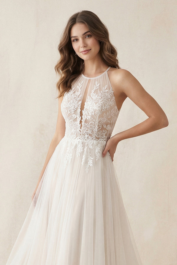Halter A - Line Appliqued Tulle Wedding Dress in Ivory - KISS BRIDAL Wedding Dresses