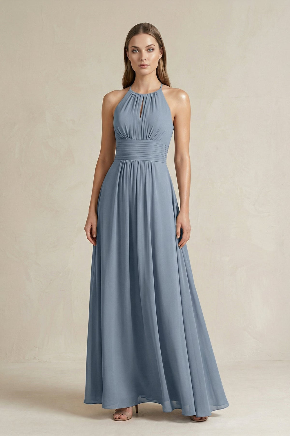 Halter A-Line Chiffon Ankle-Length Bridesmaid Dress in Neptune