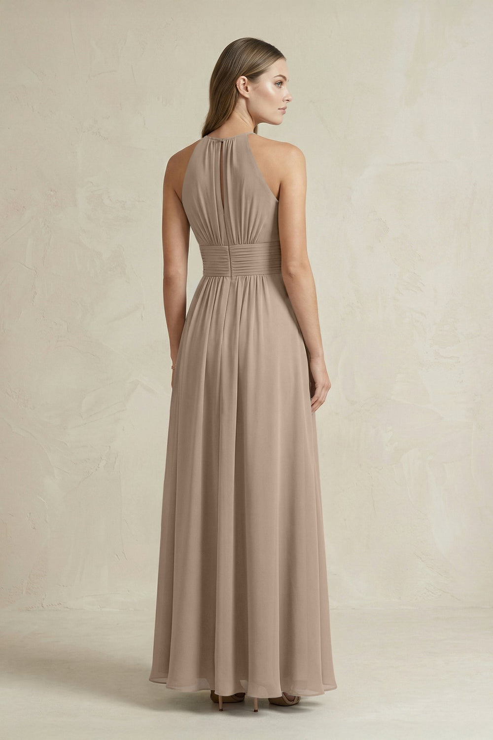 Halter A-Line Chiffon Ankle-Length Bridesmaid Dress in Almond