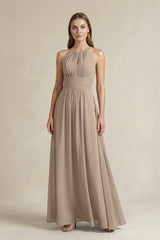 Halter A-Line Chiffon Ankle-Length Bridesmaid Dress in Almond | KISSBRIDAL
