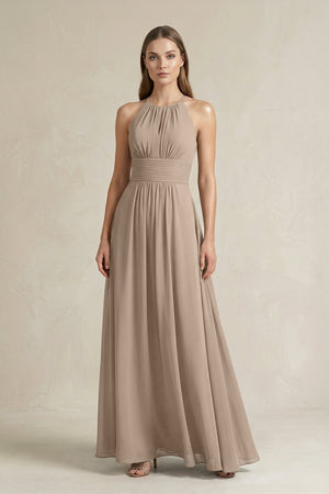 Halter A-Line Chiffon Ankle-Length Bridesmaid Dress in Almond | KISSBRIDAL