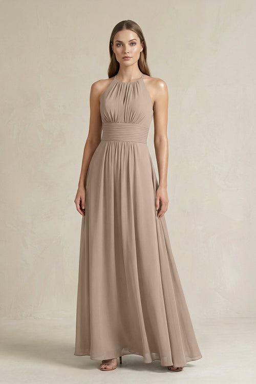 Halter A-Line Chiffon Ankle-Length Bridesmaid Dress in Almond | KISSBRIDAL