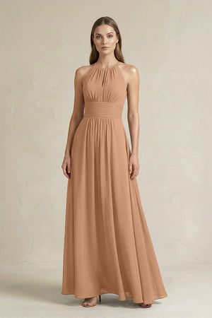 Halter A - Line Chiffon Ankle - Length Bridesmaid Dress in Bronzer - KISS BRIDAL Bridesmaid Dresses