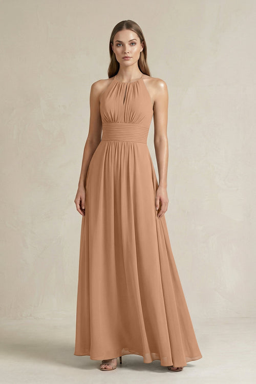 Halter A - Line Chiffon Ankle - Length Bridesmaid Dress in Bronzer - KISS BRIDAL Bridesmaid Dresses