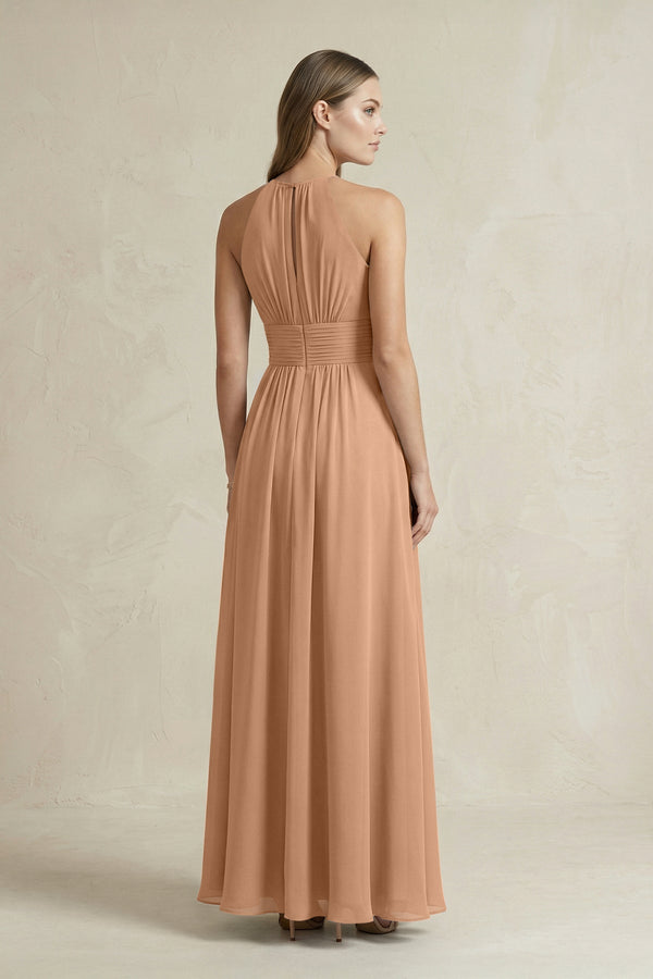 Halter A - Line Chiffon Ankle - Length Bridesmaid Dress in Bronzer - KISS BRIDAL Bridesmaid Dresses