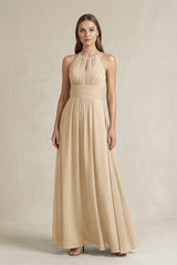 Halter A-Line Chiffon Ankle-Length Bridesmaid Dress in Champagne | KISSBRIDAL