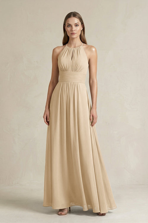 Halter A-Line Chiffon Ankle-Length Bridesmaid Dress in Champagne | KISSBRIDAL