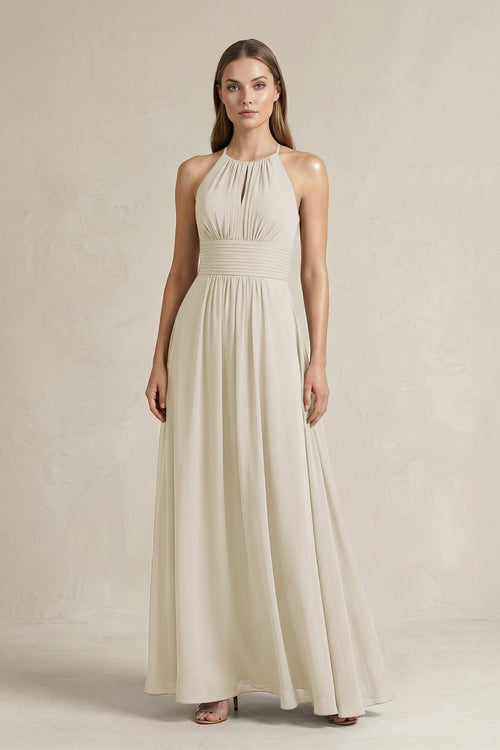 Halter A - Line Chiffon Ankle - Length Bridesmaid Dress in Dove Gray - KISS BRIDAL Bridesmaid Dresses