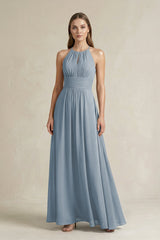 Halter A-Line Chiffon Ankle-Length Bridesmaid Dress in Dusty Blue | KISSBRIDAL