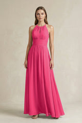 Halter A-Line Chiffon Ankle-Length Bridesmaid Dress in Fuchsia | KISSBRIDAL