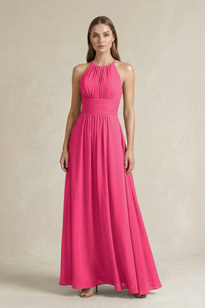 Halter A-Line Chiffon Ankle-Length Bridesmaid Dress in Fuchsia | KISSBRIDAL
