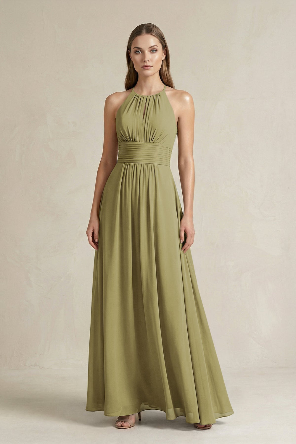 Halter A-Line Chiffon Ankle-Length Bridesmaid Dress in Moss Green
