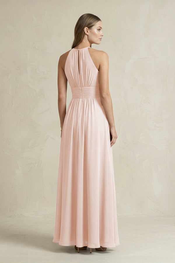 Halter A - Line Chiffon Ankle - Length Bridesmaid Dress in Pale Blush - KISS BRIDAL Bridesmaid Dresses