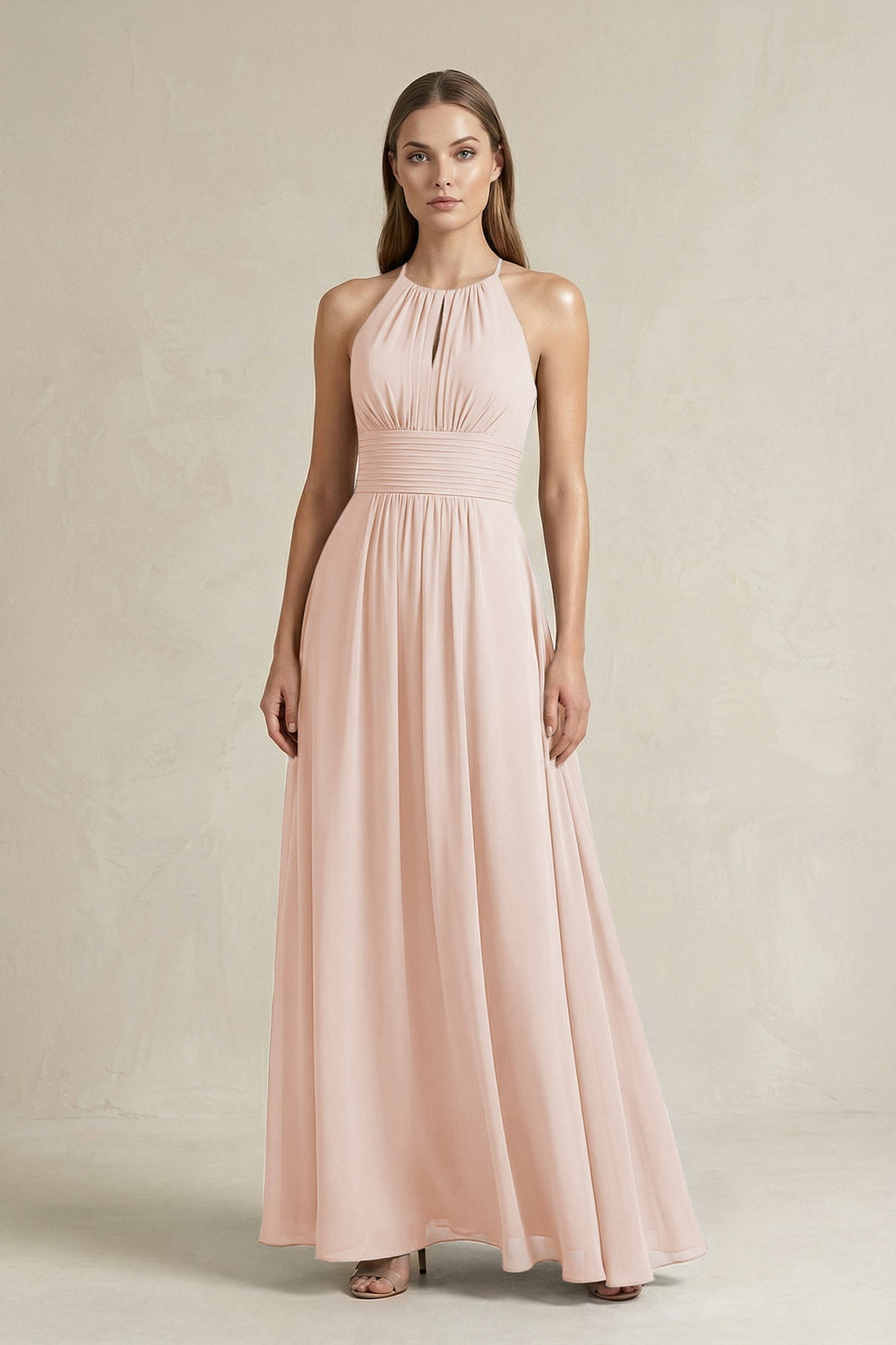 Halter A-Line Chiffon Ankle-Length Bridesmaid Dress in Pale Blush