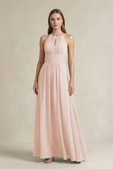 Halter A - Line Chiffon Ankle - Length Bridesmaid Dress in Pale Blush - KISS BRIDAL Bridesmaid Dresses