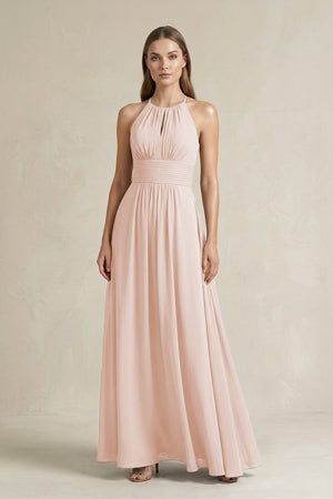 Halter A - Line Chiffon Ankle - Length Bridesmaid Dress in Pale Blush - KISS BRIDAL Bridesmaid Dresses
