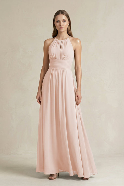 Halter A - Line Chiffon Ankle - Length Bridesmaid Dress in Pale Blush - KISS BRIDAL Bridesmaid Dresses