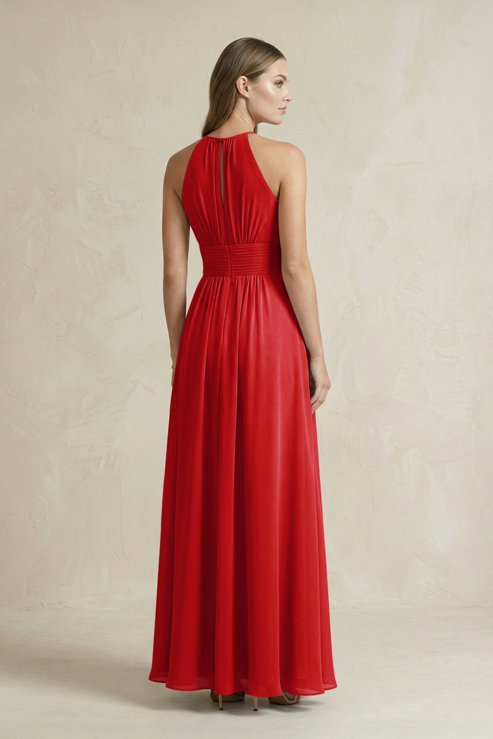 Halter A-Line Chiffon Ankle-Length Bridesmaid Dress in Ruby Red