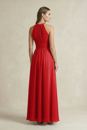 Halter A - Line Chiffon Ankle - Length Bridesmaid Dress in Ruby Red - KISS BRIDAL Bridesmaid Dresses