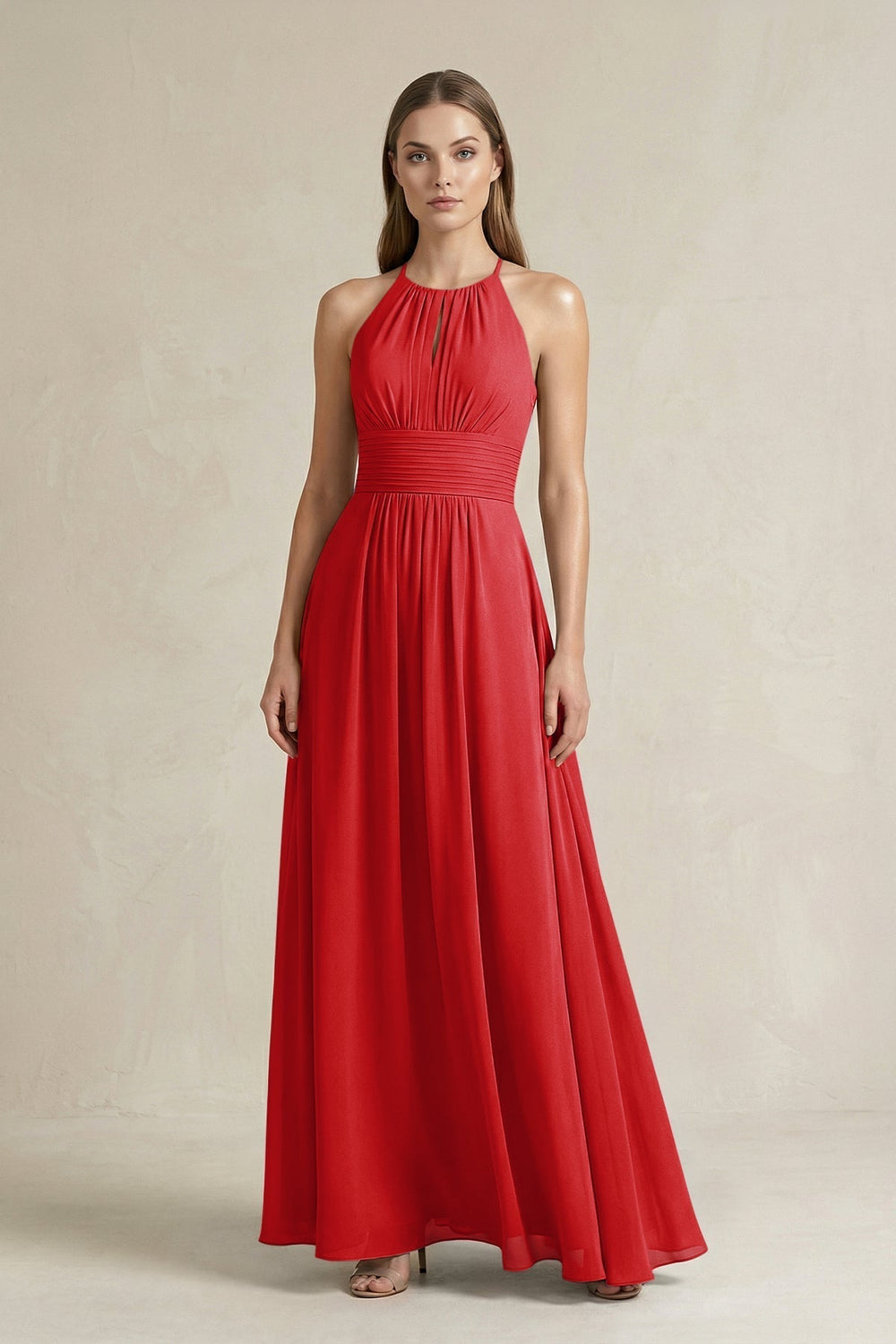 Halter A-Line Chiffon Ankle-Length Bridesmaid Dress in Ruby Red