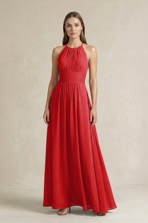 Halter A - Line Chiffon Ankle - Length Bridesmaid Dress in Ruby Red - KISS BRIDAL Bridesmaid Dresses