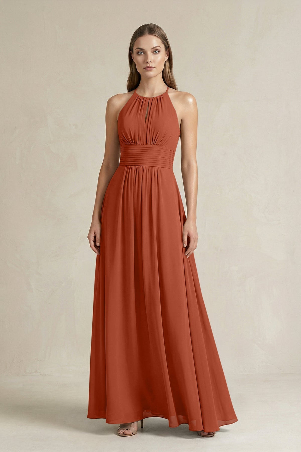 Halter A-Line Chiffon Ankle-Length Bridesmaid Dress in Spice