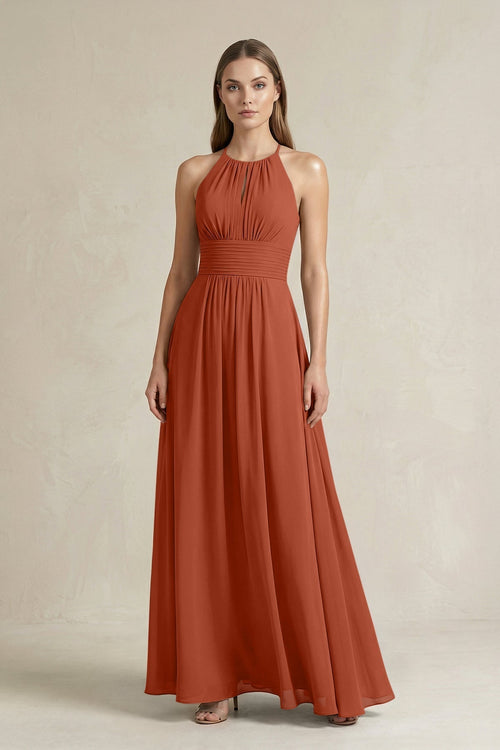 Halter A - Line Chiffon Ankle - Length Bridesmaid Dress in Spice - KISS BRIDAL Bridesmaid Dresses