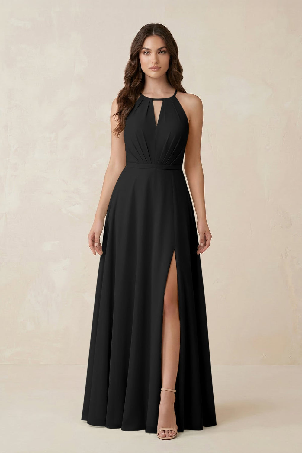 Halter A-Line Chiffon Bridesmaid Dress With Slit in Black