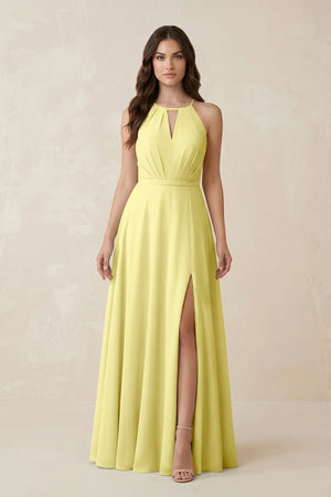 Halter A - Line Chiffon Bridesmaid Dress With Slit in Buttercup - KISS BRIDAL Bridesmaid Dresses