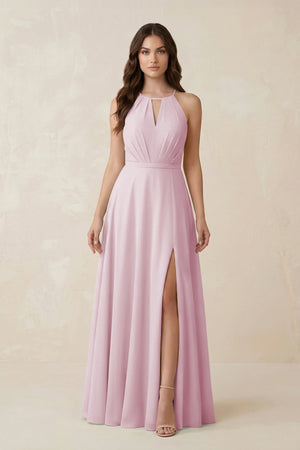 Halter A-Line Chiffon Bridesmaid Dress With Slit in Candy Pink | KISSBRIDAL