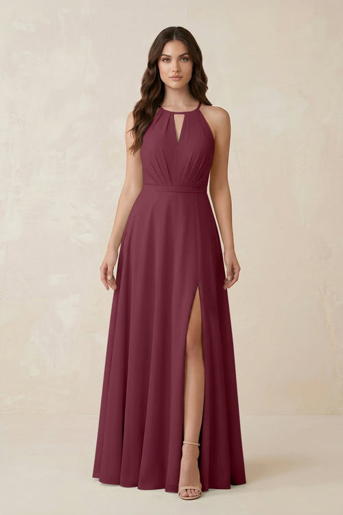 Halter A-Line Chiffon Bridesmaid Dress With Slit in Desert Rose | KISSBRIDAL