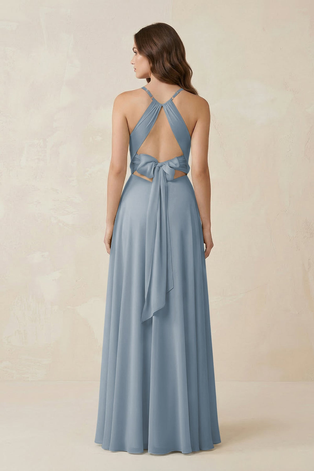 Halter A-Line Chiffon Bridesmaid Dress With Slit in Dusty Blue