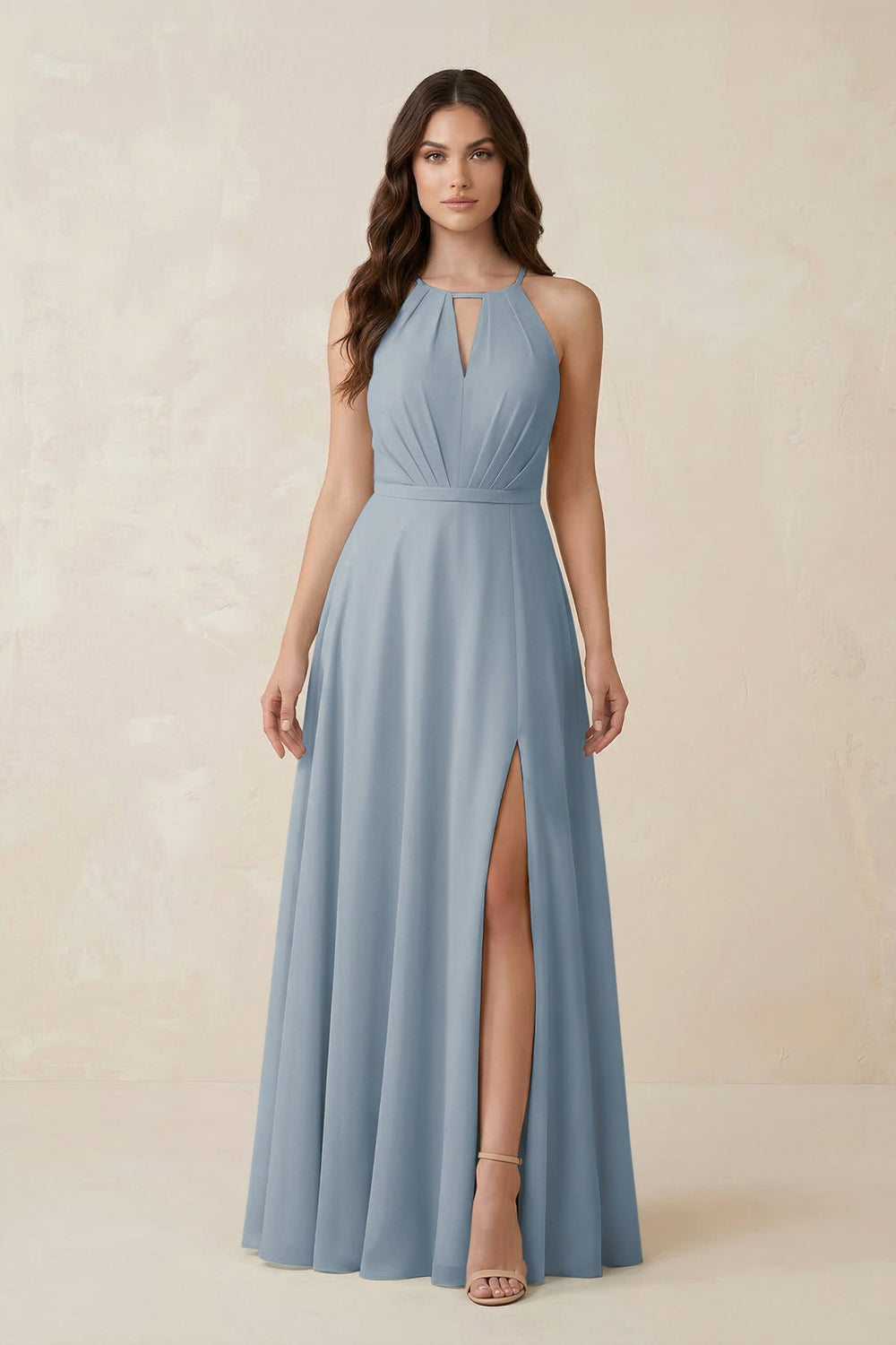 Halter A-Line Chiffon Bridesmaid Dress With Slit in Dusty Blue